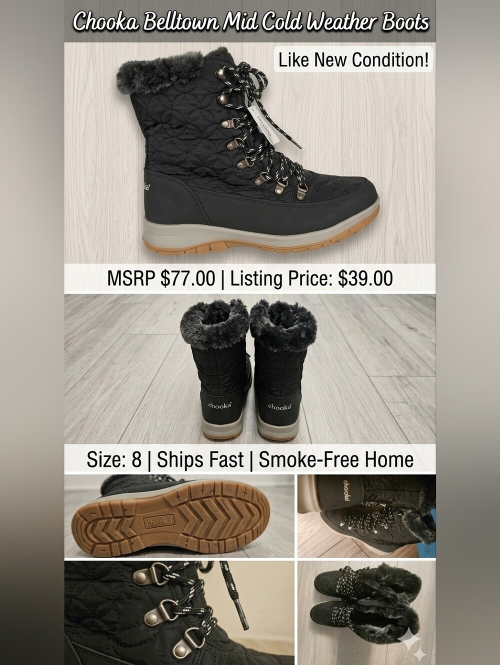 Chooka Black Quilted Faux-Fur Lace-Up Winter Boots - NWOB Size 8